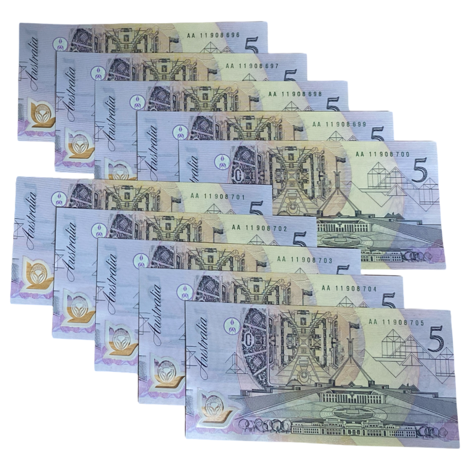 1992 Fraser Cole Australian $5 Notes - Uncirculated Run of 10